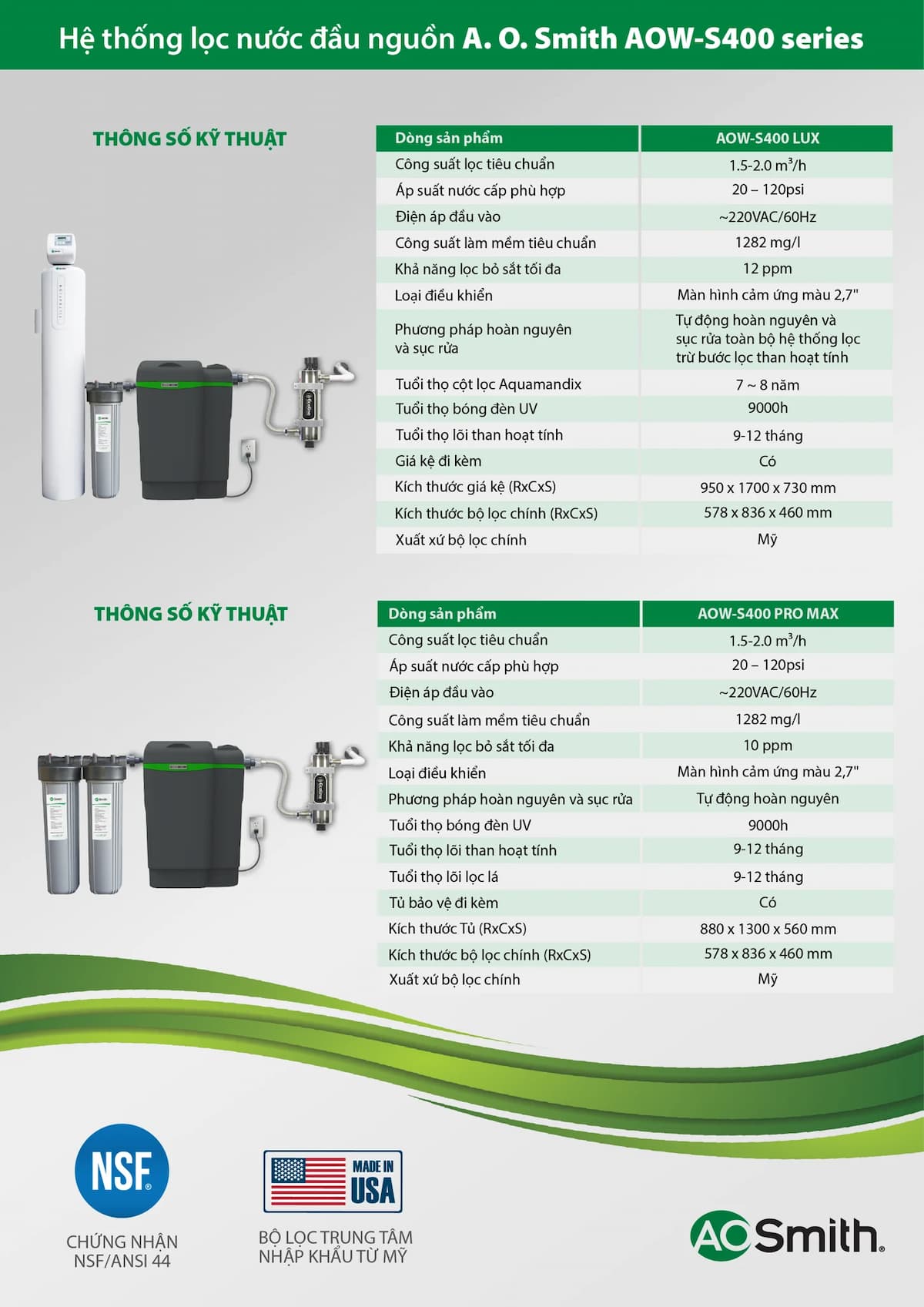 Thông Số Kỹ Thuật Chính Hệ thống lọc nước đầu nguồn AOW-S400 SERIES