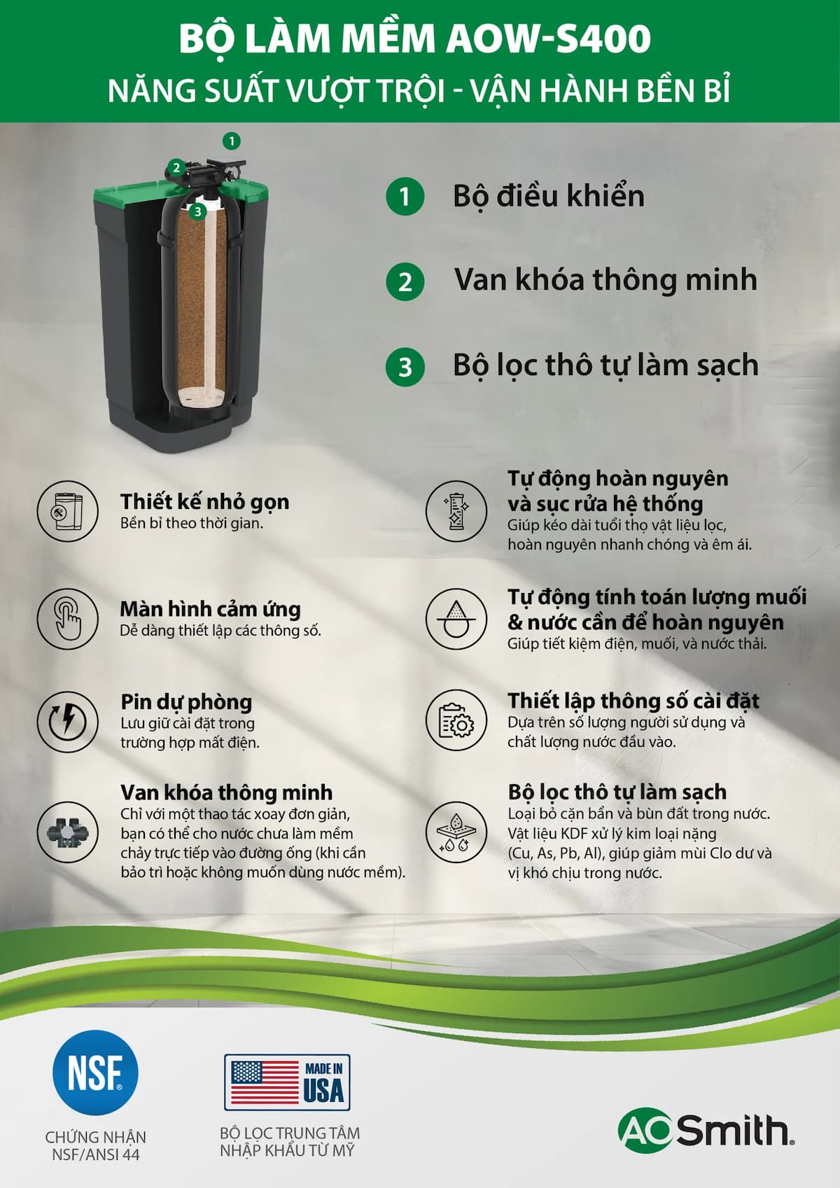 Điểm Nổi Bật Về Công Nghệ & Tính Năng Hệ thống lọc nước đầu nguồn AOW-S400 SERIES