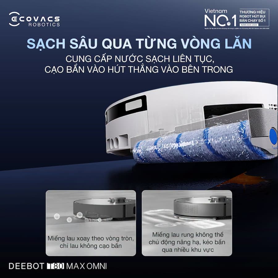 Deebot T80 Max Omni: Công nghệ lau cuộn OZMO ROLLER 3.0 & Giặt tăng áp trực tiếp