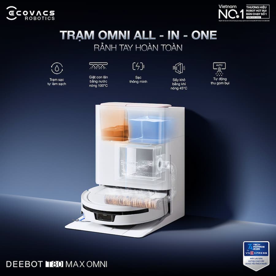 Trạm sạc OMNI thông minh Deebot T80 Max Omni: Giặt nước nóng 100°C & Sấy khô