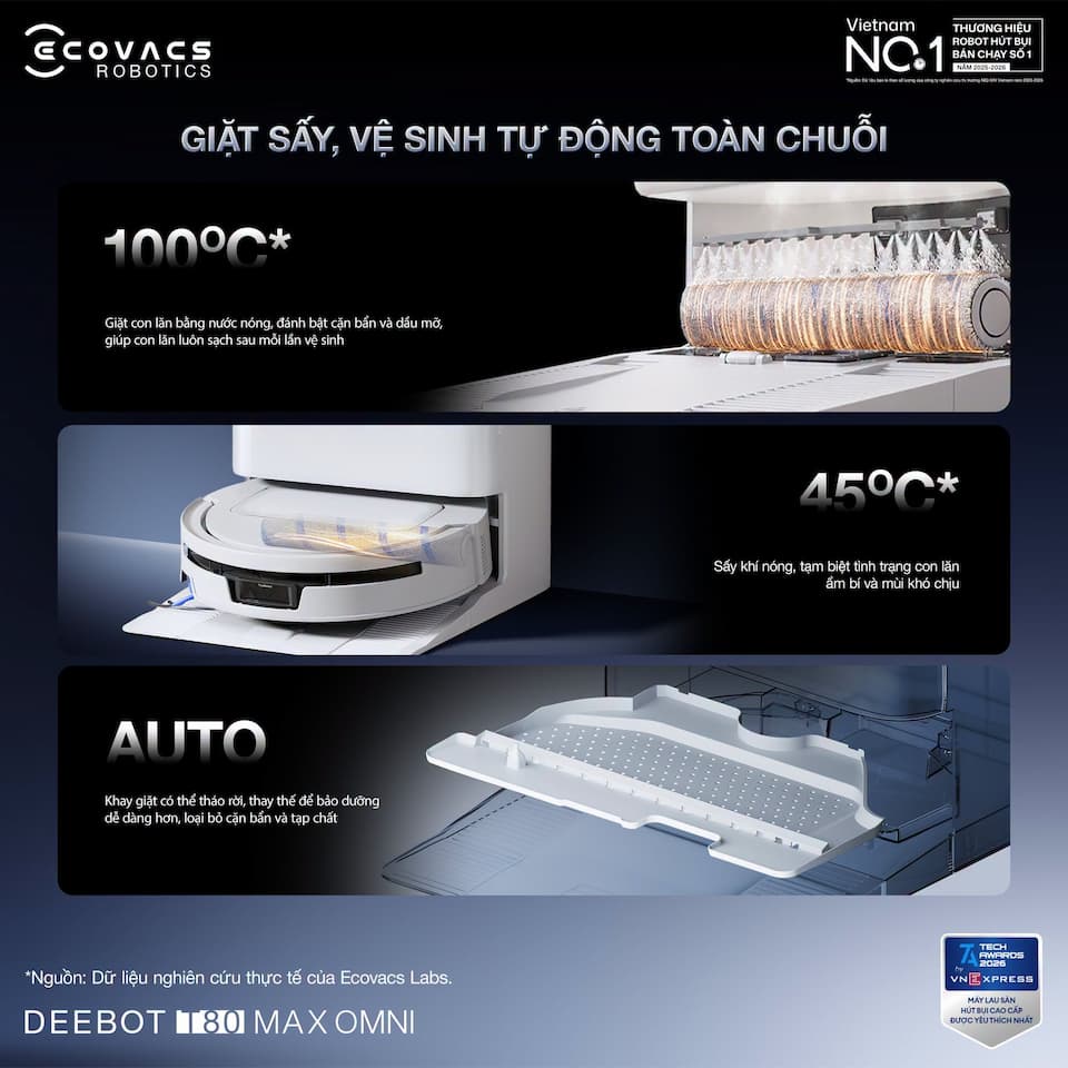 Trạm sạc OMNI thông minh Deebot T80 Max Omni: Giặt nước nóng 100°C & Sấy khô
