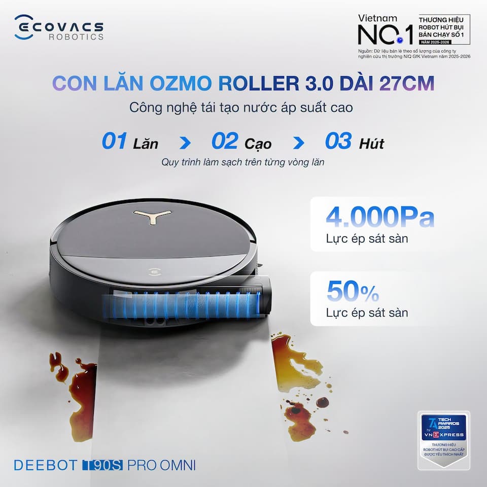 Deebot T90s Pro Omni Mới: Con lăn tự giặt liên tục OZMO Roller 3.0 và nước ấm