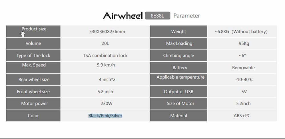 Thông số kỹ thuật Vali điện Airwheel SE3SL