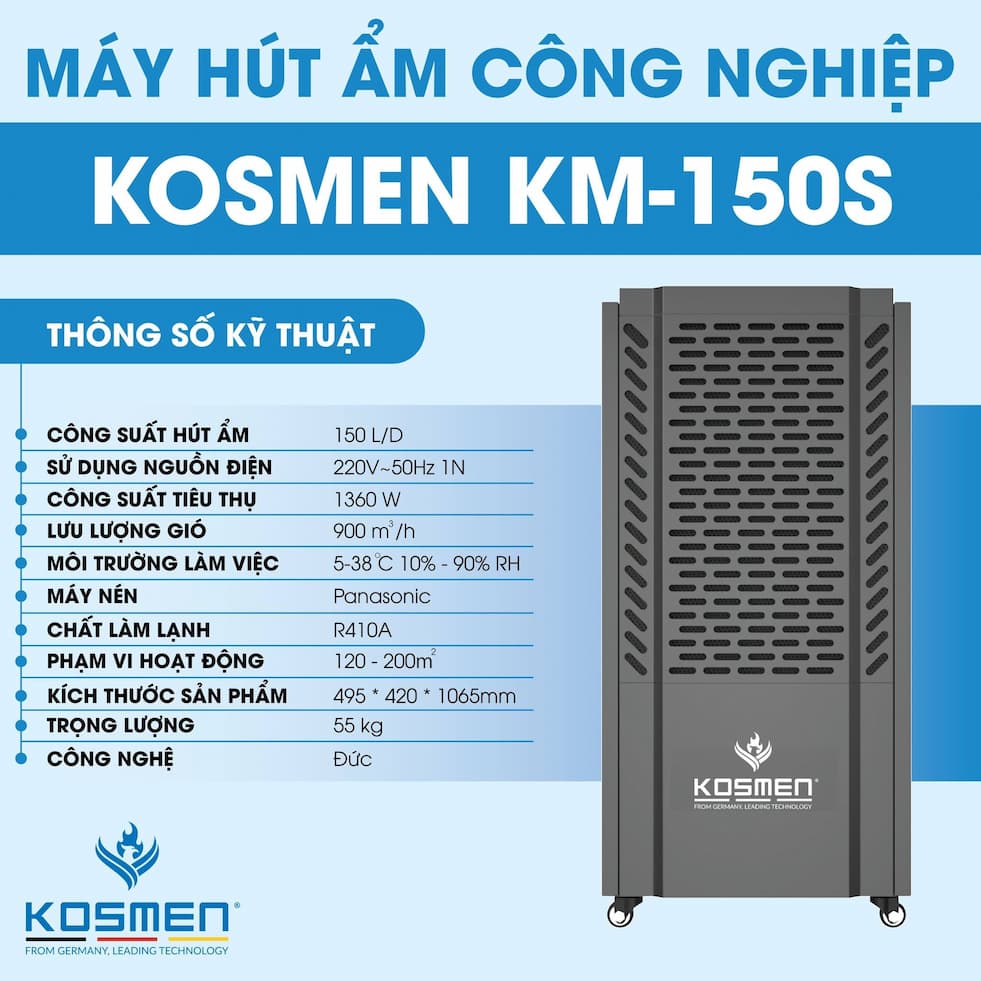Thông số kỹ thuật của máy hút ẩm công nghiệp Kosmen KM-150S