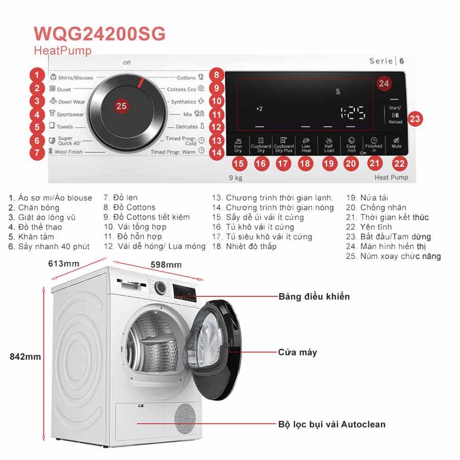 Các chương trình sấy đa dạng Máy sấy quần áo Bosch WQG24200SG