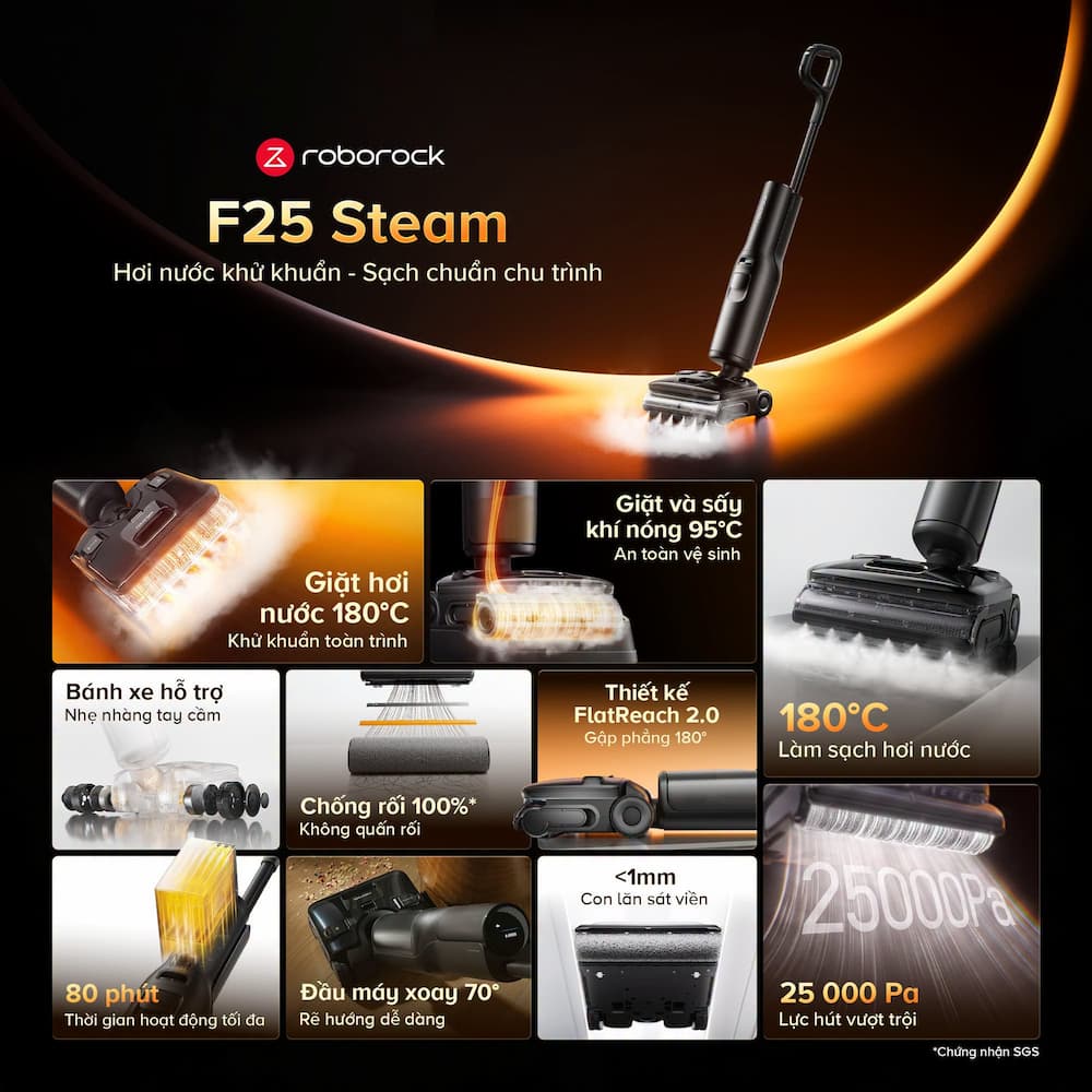 Những Công Nghệ & Tính Năng Vượt Trội Máy hút bụi lau nhà Roborock F25 Steam