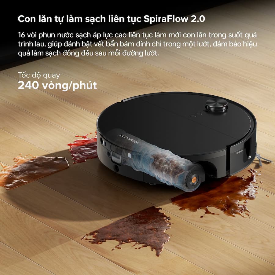 Công nghệ lau sàn con lăn SpiraFlow 2.0 rửa giẻ liên tục Roborock Saros 20 Flow Complete