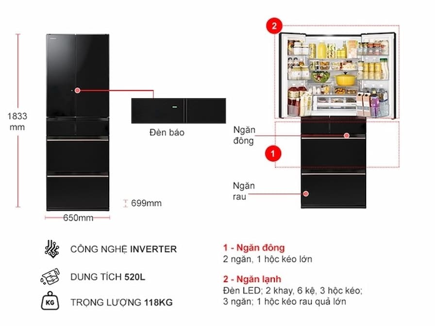 Thiết kế và tiện ích Tủ lạnh Hitachi Inverter 520 lít R-HW540RV(XK