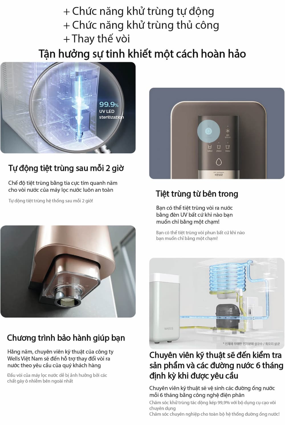 Máy lọc nước Wells TT UV+ là một sản phẩm cao cấp, được đánh giá cao nhờ sự kết hợp giữa thiết kế tinh tế và các công nghệ tiên tiến. Dưới đây là các công nghệ và tính năng nổi bật của dòng máy này:  1. Công nghệ Lọc và Khử Trùng:  Hệ thống lọc 9 bước: Đây là công nghệ độc quyền của Wells, sử dụng 2 lõi lọc chính:  Lõi lọc Wells Multi Carbon Plus: Loại bỏ các chất cặn bẩn, kim loại nặng (chì, thủy ngân, cadimi, asen...), clo dư, thuốc bảo vệ thực vật và các tạp chất khác. Lõi lọc này cũng giúp cải thiện mùi vị của nước.  Lõi lọc Nano Clean: Loại bỏ đến 35 loại vi sinh vật gây hại, bao gồm cả vi khuẩn và virus. Công nghệ Nano Clean của Wells được chứng nhận bởi NSF (Tổ chức Vệ sinh Quốc gia Hoa Kỳ) về khả năng lọc sạch vượt trội.  Công nghệ True Tankless (Không bình chứa): Đây là một trong những điểm nổi bật nhất. Máy lọc nước trực tiếp và làm nóng/lạnh tức thì, loại bỏ hoàn toàn bình chứa nước. Điều này giúp:  Đảm bảo nguồn nước luôn tươi mới, không bị ứ đọng.  Loại bỏ nguy cơ tái nhiễm khuẩn phát sinh từ bình chứa.  Tiết kiệm không gian lắp đặt.  Công nghệ khử trùng UV LED: Máy được trang bị hệ thống đèn UV LED tại đầu vòi và bên trong vòi lấy nước. Chức năng này tự động bật sau mỗi 2 giờ hoặc khi người dùng lấy nước, giúp tiêu diệt 99.9% vi khuẩn ngay tại vòi, đảm bảo nước được lấy ra luôn tinh khiết.  2. Công nghệ Làm Nóng & Lạnh:  Công nghệ làm lạnh kép bằng thép không gỉ: Giúp làm lạnh nước nhanh chóng, gấp 3-4 lần so với các máy thông thường. Đồng thời, vật liệu thép không gỉ đảm bảo vệ sinh, không thôi nhiễm tạp chất vào nước.  Chế độ làm nóng tức thì (Instant-Heating): Máy làm nóng nước ngay lập tức khi bạn cần, không cần duy trì nhiệt độ liên tục trong bình chứa. Điều này giúp tiết kiệm điện năng đáng kể.  3. Tiện ích và Thiết kế Thông minh:  Đa dạng mức nhiệt độ nước:  Nước nóng: Cung cấp 3 mức nhiệt độ cố định: 50°C (lý tưởng để pha sữa, pha bột cho em bé), 70°C (thích hợp pha trà), và 85°C (tuyệt vời để pha cà phê).  Nước lạnh: Nhiệt độ khoảng 6°C, phù hợp để giải khát.  Nước thường: Nhiệt độ khoảng 27°C.  Đa dạng dung tích lấy nước: Người dùng có thể tùy chọn lấy các dung tích nước đã được lập trình sẵn: 120ml, 250ml, 550ml, hoặc lấy liên tục (Continuous).  Vòi lấy nước trượt 1 chạm: Thiết kế vòi có thể điều chỉnh độ cao linh hoạt bằng cách trượt lên/xuống, giúp dễ dàng lấy nước vào nhiều loại bình, cốc khác nhau.  Bảng điều khiển cảm ứng: Giao diện cảm ứng hiện đại, dễ sử dụng, với đèn LED hiển thị các chế độ và trạng thái hoạt động của máy.  Thiết kế mỏng gọn: Với chiều ngang chỉ 19cm, máy Wells TT UV+ rất tiết kiệm không gian, phù hợp với các căn bếp hiện đại. Màu sắc sang trọng (trắng, vàng hồng Rose Gold) cũng là một điểm cộng lớn.  Chế độ vệ sinh tự động: Máy có chức năng tự động làm sạch đường ống dẫn nước, đảm bảo vệ sinh và an toàn cho người sử dụng.  Tóm lại, Wells TT UV+ nổi bật không chỉ bởi khả năng lọc sạch vượt trội mà còn bởi sự kết hợp của nhiều công nghệ thông minh, mang lại sự tiện lợi, an toàn và tiết kiệm năng lượng cho người dùng